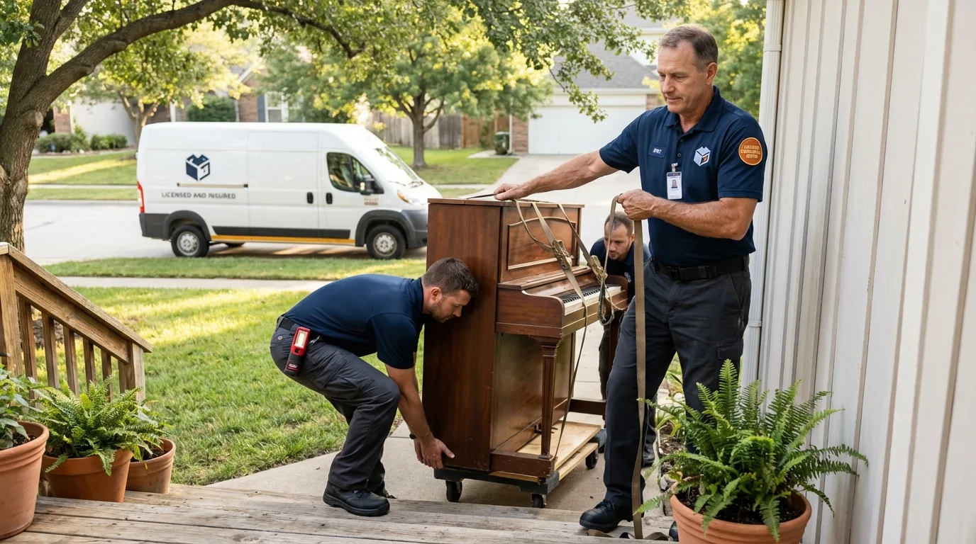Licensed piano movers securing grand piano in Merrillville, IN
