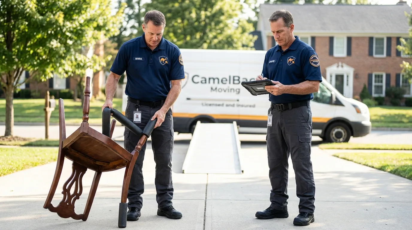 Movers inspecting furniture for damage prevention before loading in Merrillville, IN