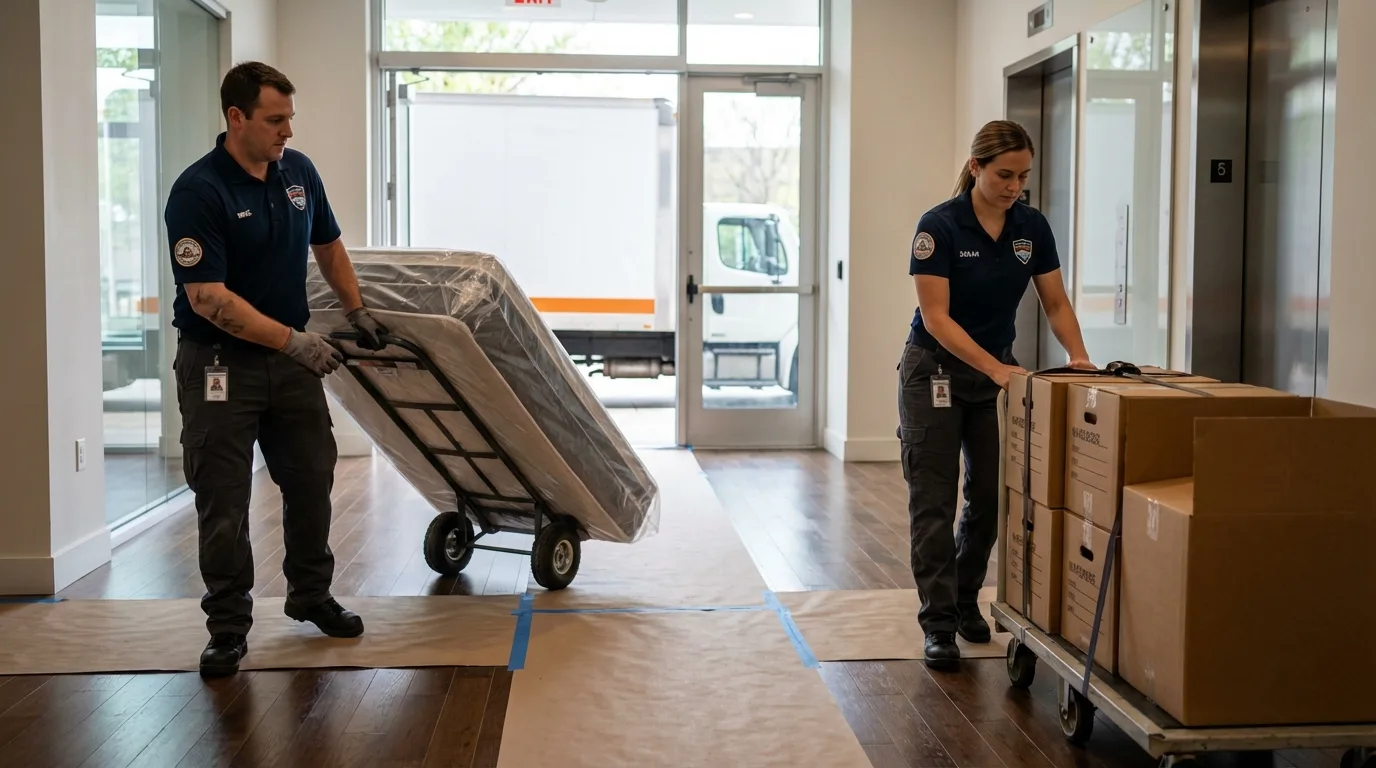 Professional apartment movers loading elevator in Merrillville, IN